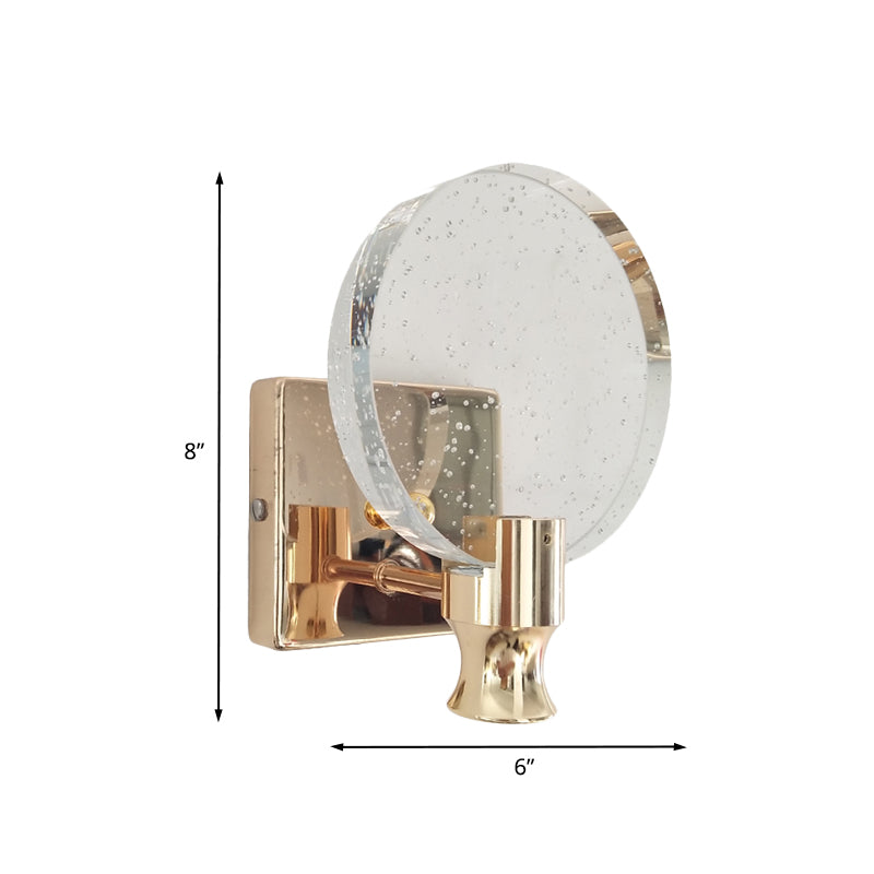 Modern Circle Panel Led Wall Lamp With Bubble Crystal In Gold 5/6 Wide