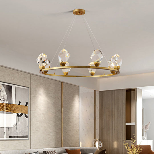 Modern Crystal Pendant Light With Faceted Halo Ring Design - 6/8 Lights Brass Finish Ceiling