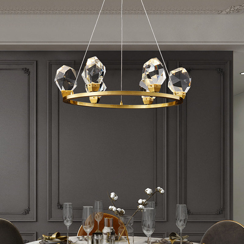 Modern Crystal Pendant Light With Faceted Halo Ring Design - 6/8 Lights Brass Finish Ceiling