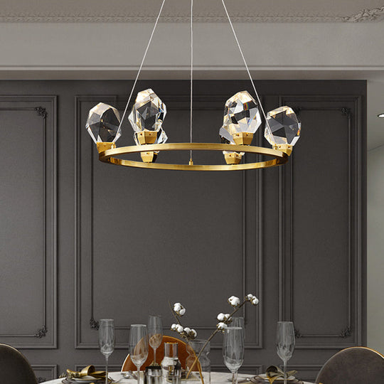 Modern Crystal Pendant Light With Faceted Halo Ring Design - 6/8 Lights Brass Finish Ceiling