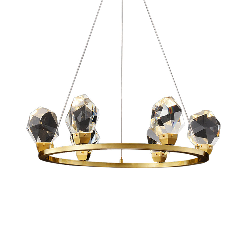 Modern Crystal Pendant Light With Faceted Halo Ring Design - 6/8 Lights Brass Finish Ceiling