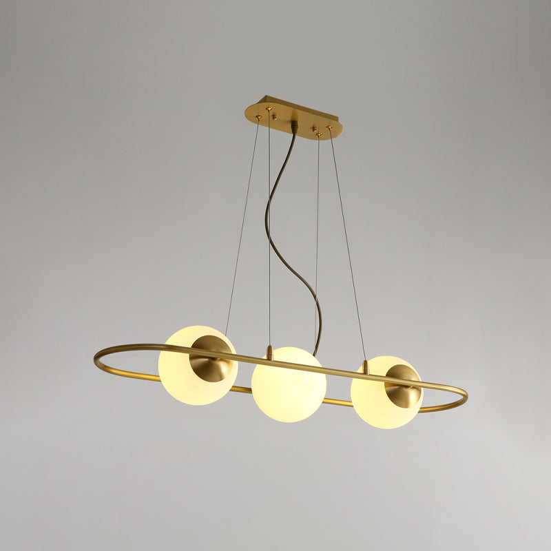 Modern Frosted Glass Sphere Chandelier With Brass Oval Ring - 3-Light Hanging Ceiling Lamp For