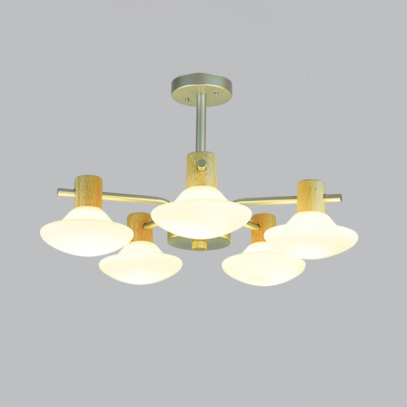 Modern Mushroom Semi Flush Ceiling Lamp with Opal Frosted Glass, Wood Finish - 5/6 Head for Bedroom