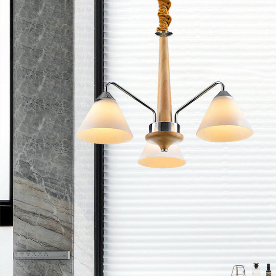 Modern Chrome and Wood Conical Chandelier with Frosted Glass - 3/5 Lights