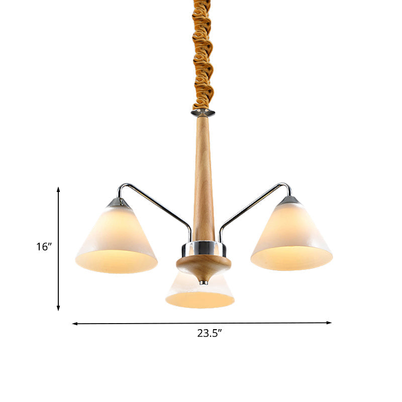 Modern Chrome & Wood Conical Chandelier - 3/5 Lights Frosted Glass Ceiling Lamp