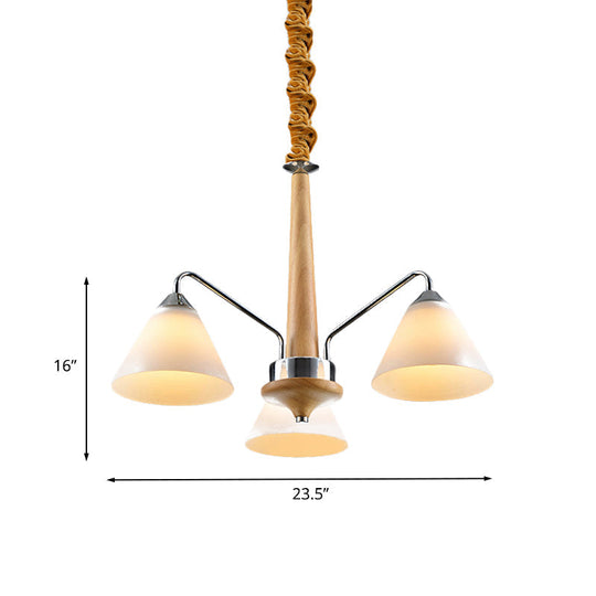 Modern Chrome & Wood Conical Chandelier - 3/5 Lights Frosted Glass Ceiling Lamp