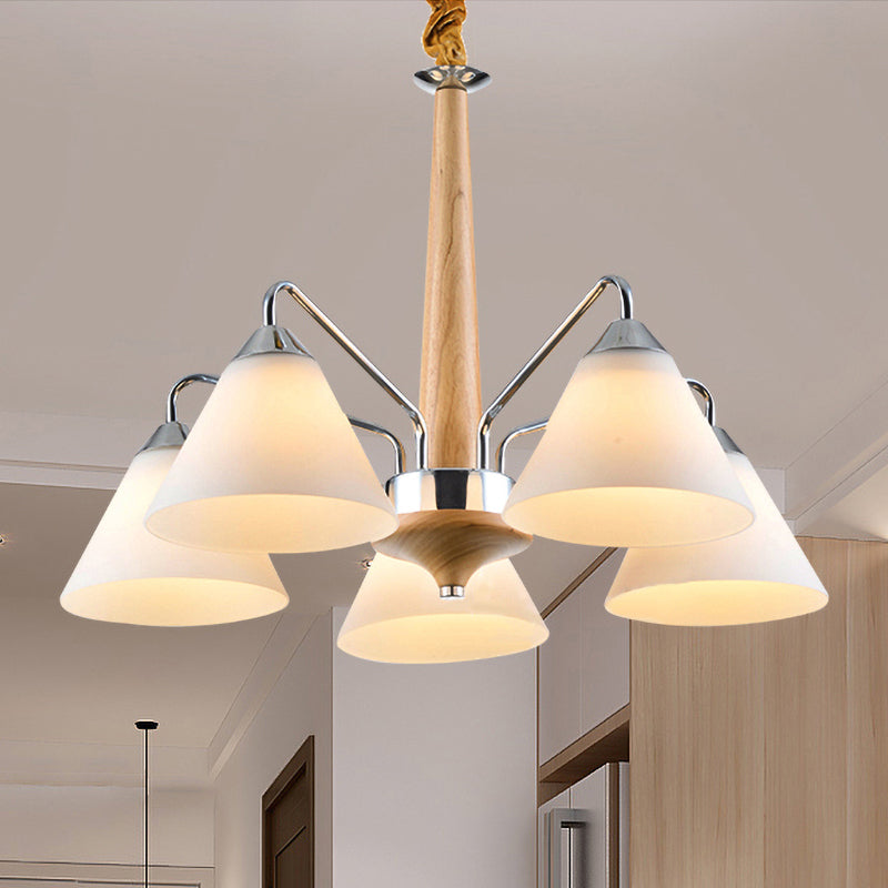 Modern Chrome and Wood Conical Chandelier with Frosted Glass - 3/5 Lights