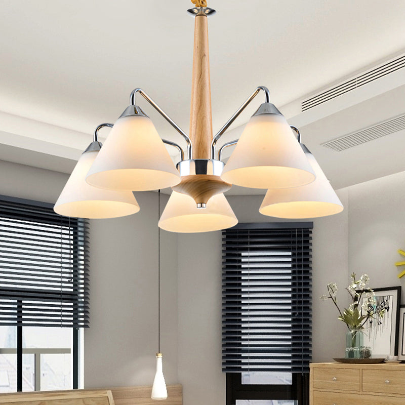 Modern Chrome and Wood Conical Chandelier with Frosted Glass - 3/5 Lights