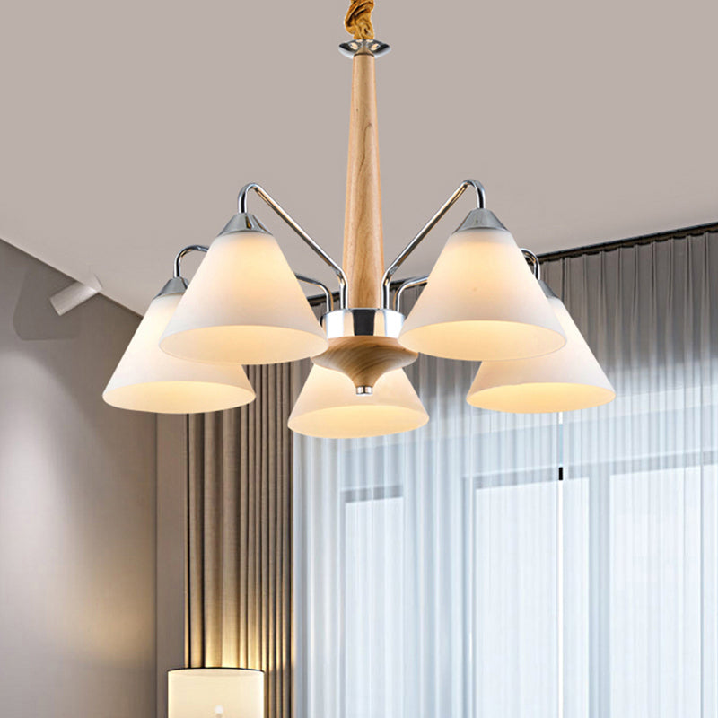 Modern Chrome & Wood Conical Chandelier - 3/5 Lights Frosted Glass Ceiling Lamp