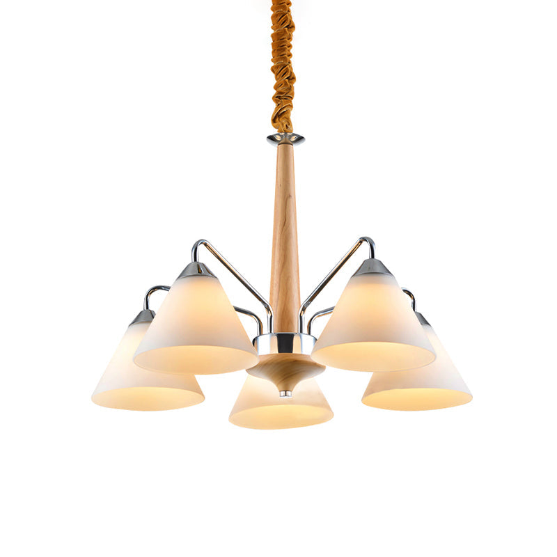 Modern Chrome and Wood Conical Chandelier with Frosted Glass - 3/5 Lights