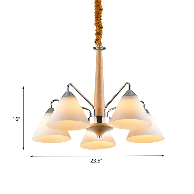 Modern Chrome and Wood Conical Chandelier with Frosted Glass - 3/5 Lights