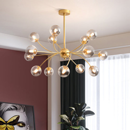 Sleek Spherical Chandelier: Postmodern Smoke Gray/Cognac Glass 15 Bulbs Gold Ceiling Fixture Gray