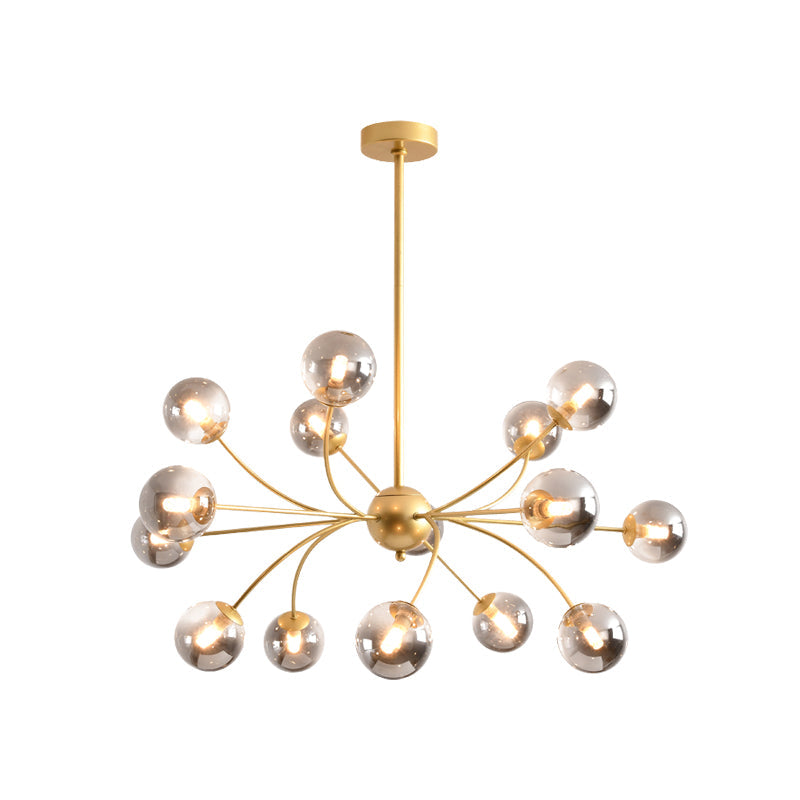 Sleek Spherical Chandelier: Postmodern Smoke Gray/Cognac Glass 15 Bulbs Gold Ceiling Fixture