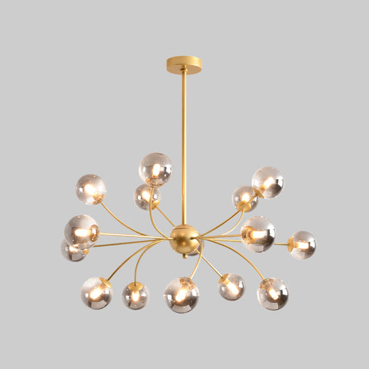 Sleek Spherical Chandelier: Postmodern Smoke Gray/Cognac Glass 15 Bulbs Gold Ceiling Fixture