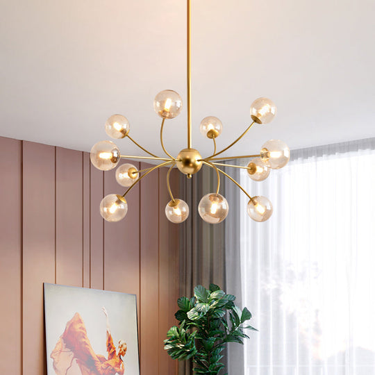 Sleek Spherical Chandelier: Postmodern Smoke Gray/Cognac Glass 15 Bulbs Gold Ceiling Fixture