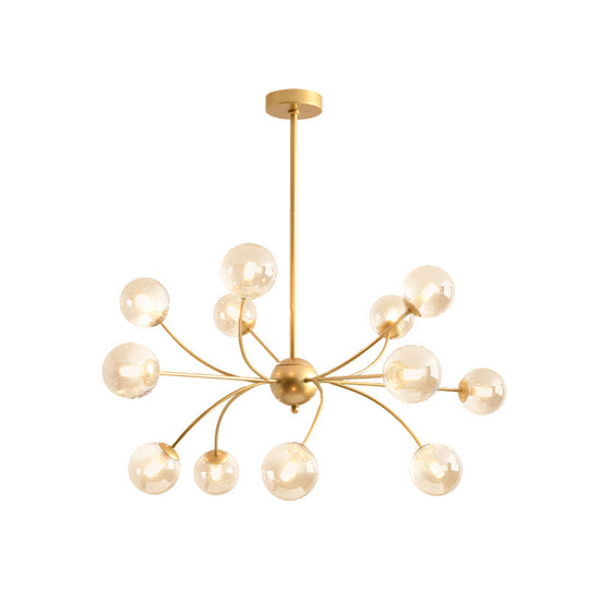 Sleek Spherical Chandelier: Postmodern Smoke Gray/Cognac Glass 15 Bulbs Gold Ceiling Fixture