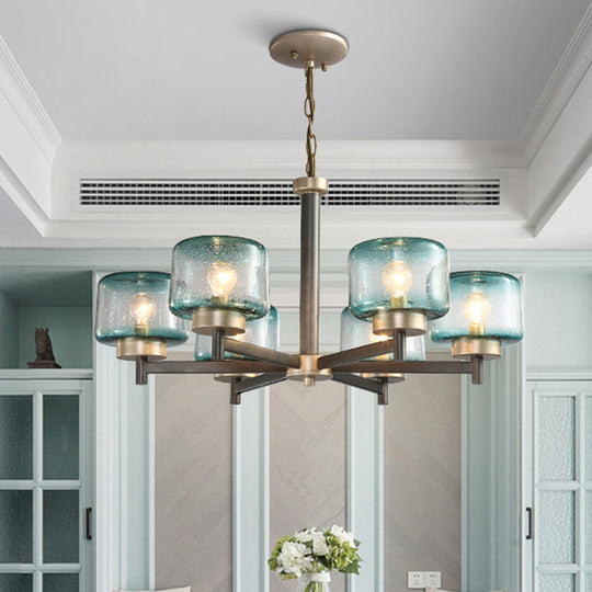 Modern Grey Dining Room Chandelier With Blue Seeded Glass Shade - Choose 3 Or 6 Lights & Radial