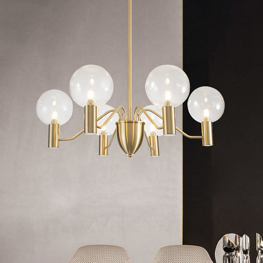 Postmodern Gold 6-Light Chandelier: Spherical Suspension Pendant With Clear Glass Shade