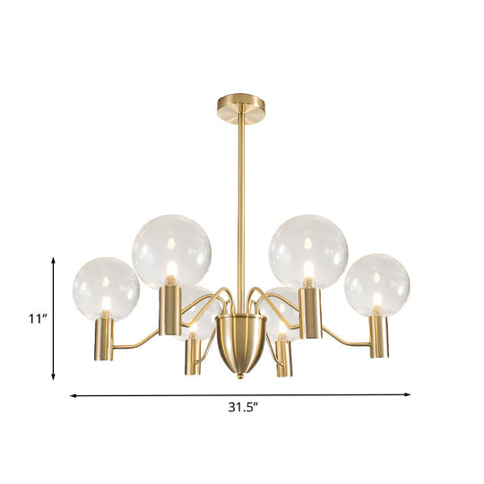 Postmodern Gold 6-Light Chandelier: Spherical Suspension Pendant With Clear Glass Shade