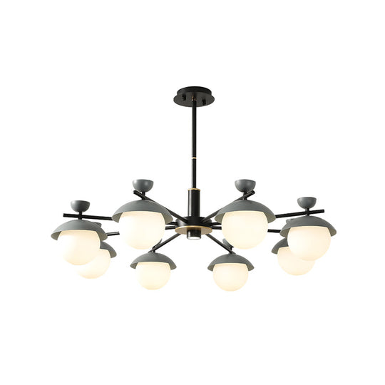 Modern Iron Dome 8-Head Black And Grey Radial Pendant Chandelier With White Glass Shade