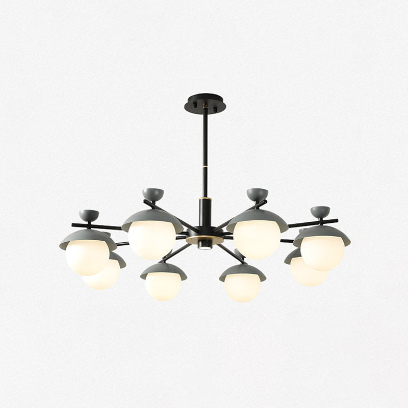 Modern Iron Dome 8-Head Black And Grey Radial Pendant Chandelier With White Glass Shade