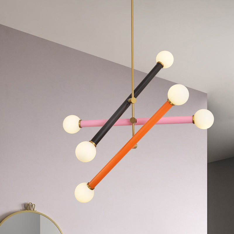 Contemporary Metallic Linear Pendant Chandelier With Led Suspension Light - Black/Pink/Orange 6 Bulb