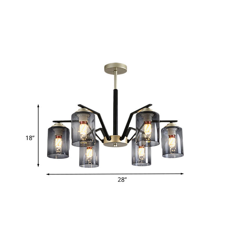 Black and Gold Cylinder Chandelier: Postmodern Design, Smoke Gray Glass, 5/6 Bulbs