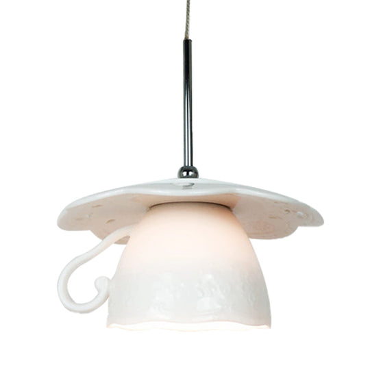 Nordic White Led Ceiling Pendant Light For Restaurants - 1-Light With Coffee Cup Ceramics Shade