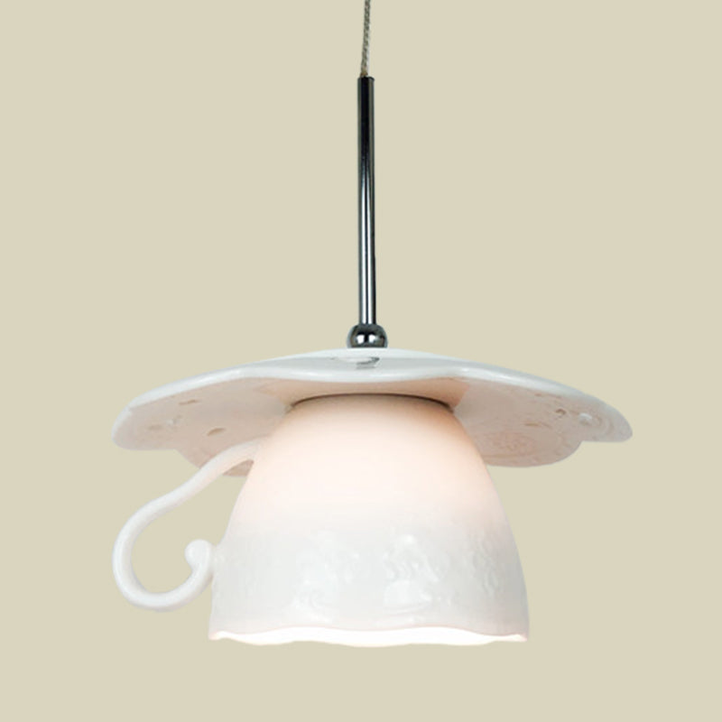 1-Light Nordic White LED Ceiling Suspension Fixture with Coffee Cup Ceramics Shade for Restaurants