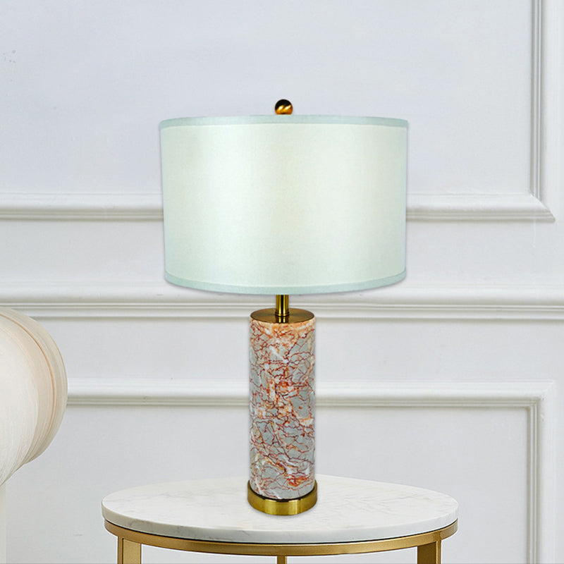 Modern White Fabric Drum Table Light With Agate Red Marble Base - 1 Head Night Lamp