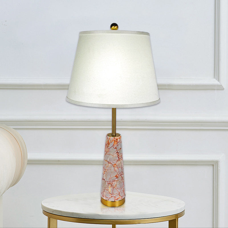 Modernist Marble Cone Nightstand Lamp With Red 1-Head And White Fabric Shade