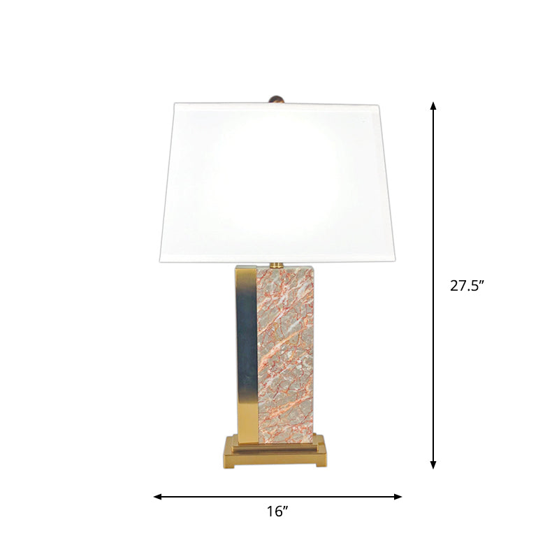 Contemporary Trapezoid Fabric Table Light - 1-Bulb White Night Lamp With Red Marble Base