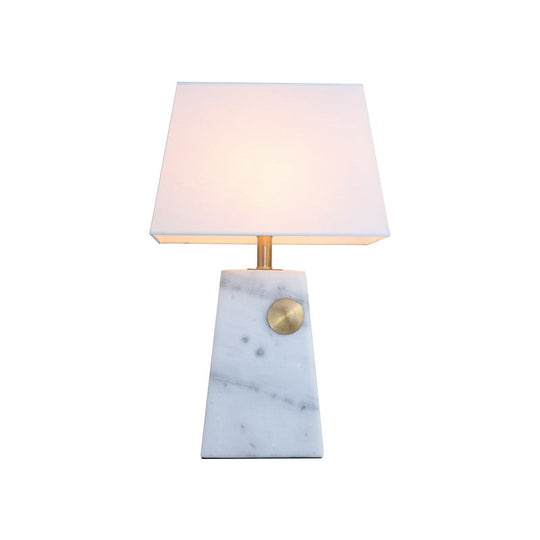 Modern White Trapezoid Night Table Lamp With Marble Base And Fabric Shade