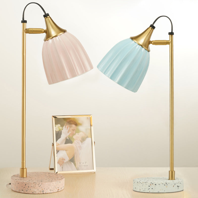 Modern Ribbed Table Lamp With Pink/Sky Blue Dome Gold Arm And Marble Base