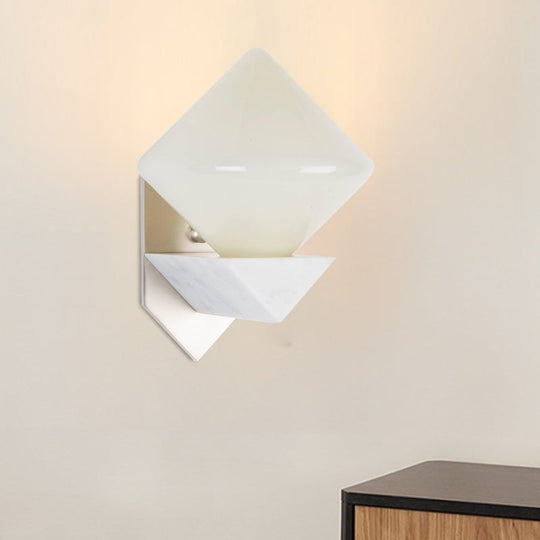 White Triangle Wall Mount Lighting Marble Sconce With Diamond Opal Glass Shade - Designer 1 Bulb