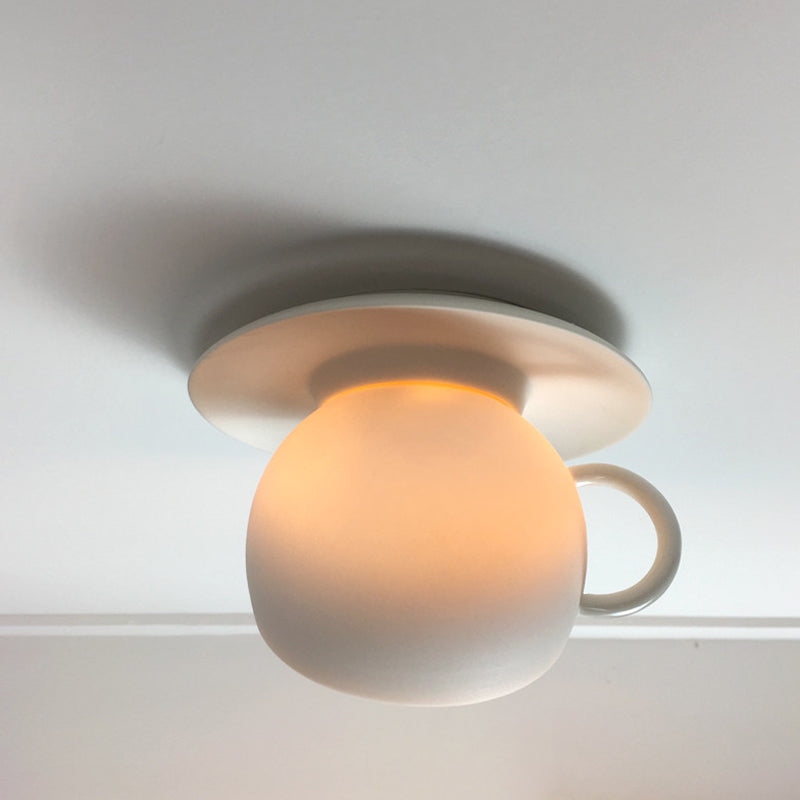 Ceramic Coffee Cup Flush Mount Ceiling Lamp - Rotatable LED Light in White/Grey/Blue