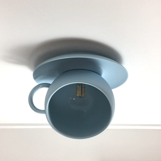 Ceramic Coffee Cup Flush Mount Ceiling Lamp - Rotatable LED Light in White/Grey/Blue