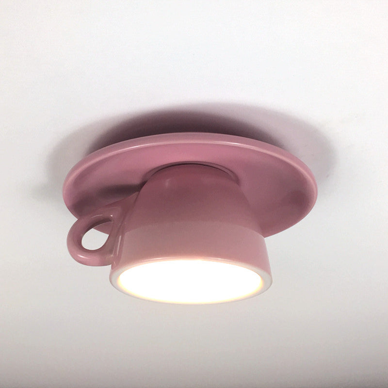 Macaron LED Flush Mount Ceiling Light in Pink/Blue/Yellow Ceramic Finish for Coffee Lovers