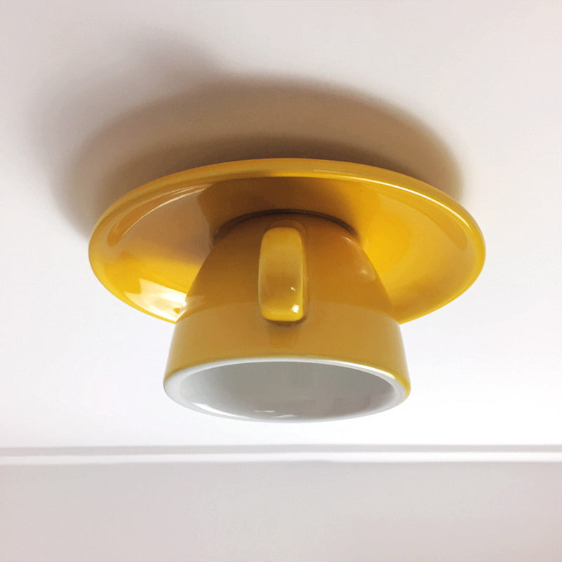 Macaron LED Flush Mount Ceiling Light in Pink/Blue/Yellow Ceramic Finish for Coffee Lovers