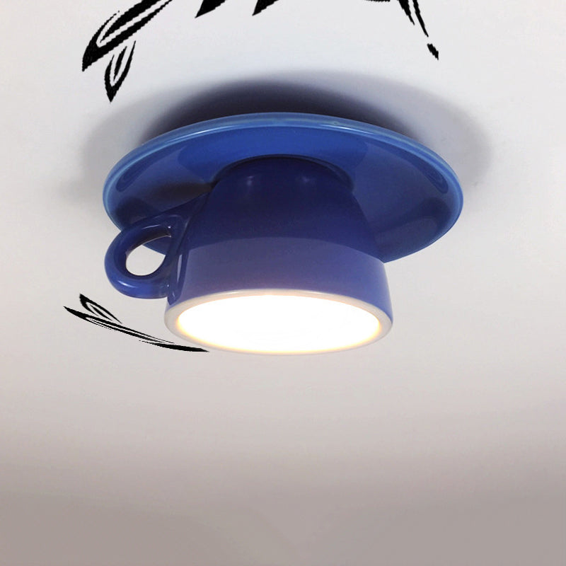 Macaron LED Flush Mount Ceiling Light in Pink/Blue/Yellow Ceramic Finish for Coffee Lovers