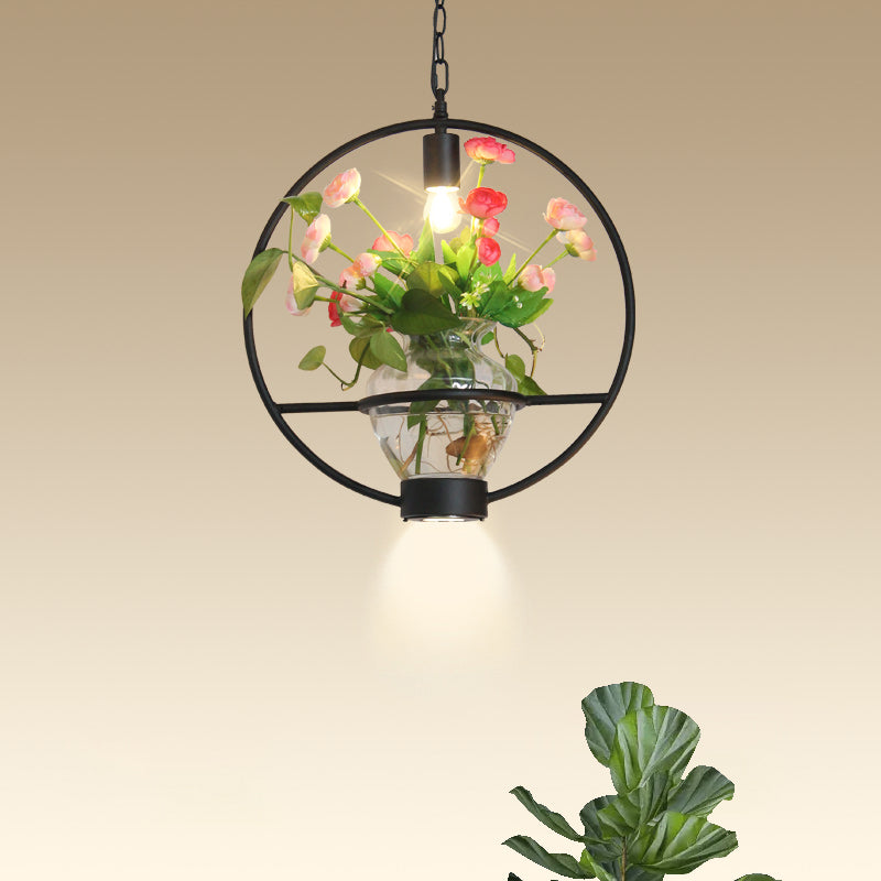 Industrial Cage Drop Pendant With Clear Glass Plant Pot - Black Iron And Down Lighting / A