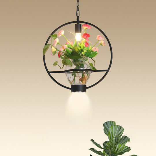 Industrial Cage Drop Pendant With Clear Glass Plant Pot - Black Iron And Down Lighting / A