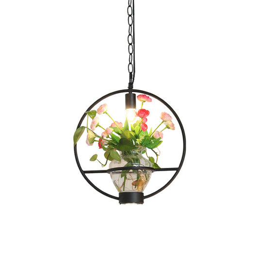 Black Industrial Iron Pendant with Clear Glass Plant Pot: 1 Light Down Lighting Cage Design