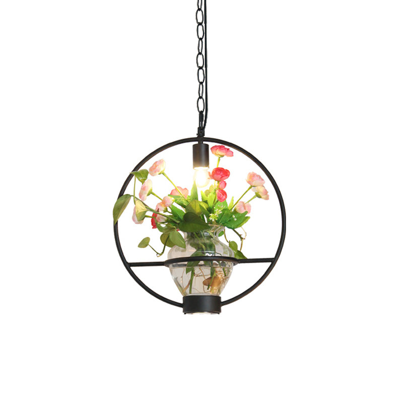 Industrial Cage Drop Pendant With Clear Glass Plant Pot - Black Iron And Down Lighting