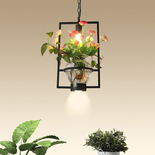 Black Industrial Iron Pendant with Clear Glass Plant Pot: 1 Light Down Lighting Cage Design