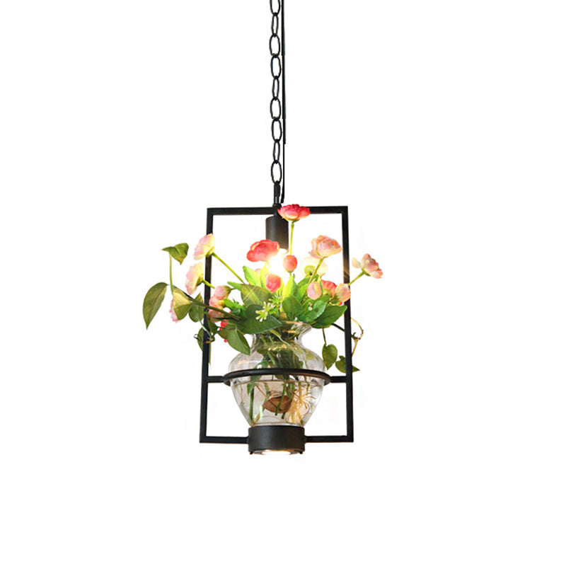 Black Industrial Iron Pendant with Clear Glass Plant Pot: 1 Light Down Lighting Cage Design