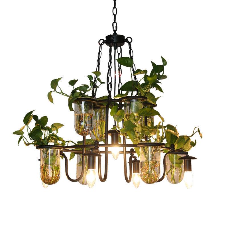 Industrial Iron Chandelier with 5 Bulbs and Plant Cup