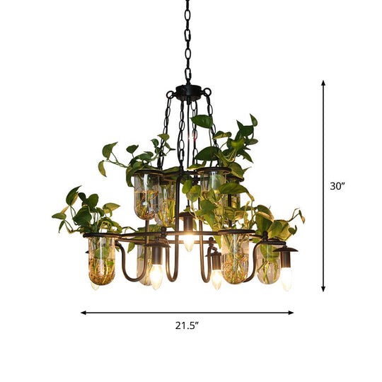 Industrial Iron Chandelier with 5 Bulbs and Plant Cup