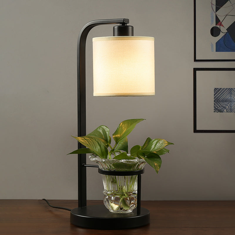 Industrial Nightstand Lamp With Black/White Fabric Clear Glass Plant Container And Night Light