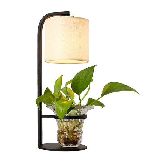 Industrial Nightstand Lamp With Black/White Fabric Clear Glass Plant Container And Night Light